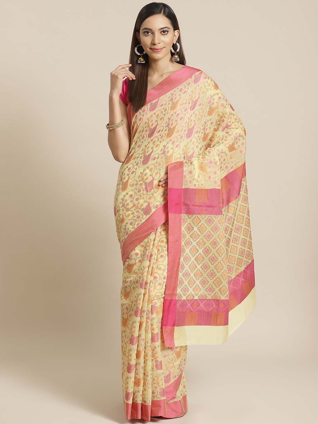 Indethnic Banarasi Yellow Woven Design Work Wear Saree - View 1