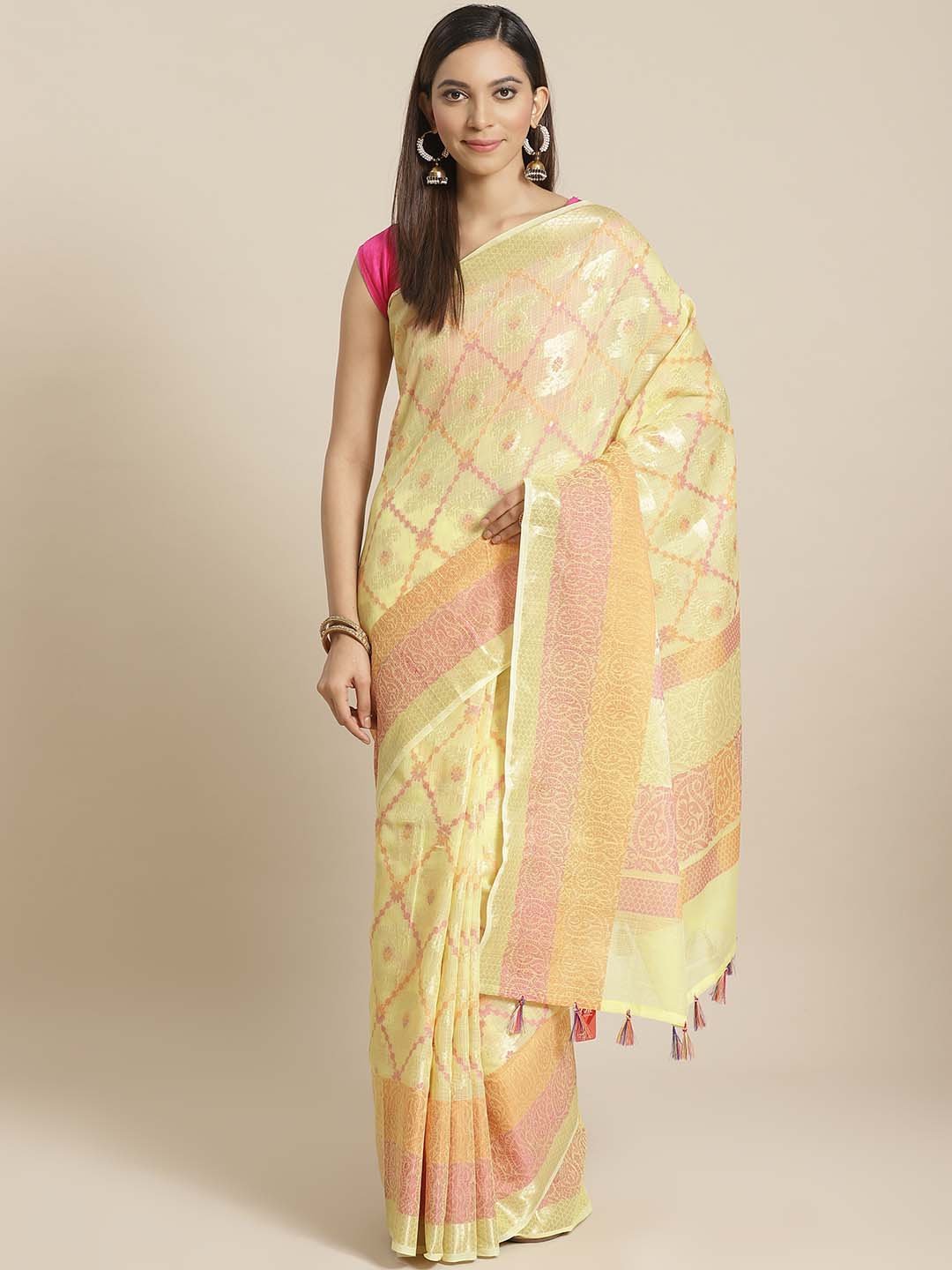 Indethnic Banarasi Yellow Woven Design Work Wear Saree - View 1