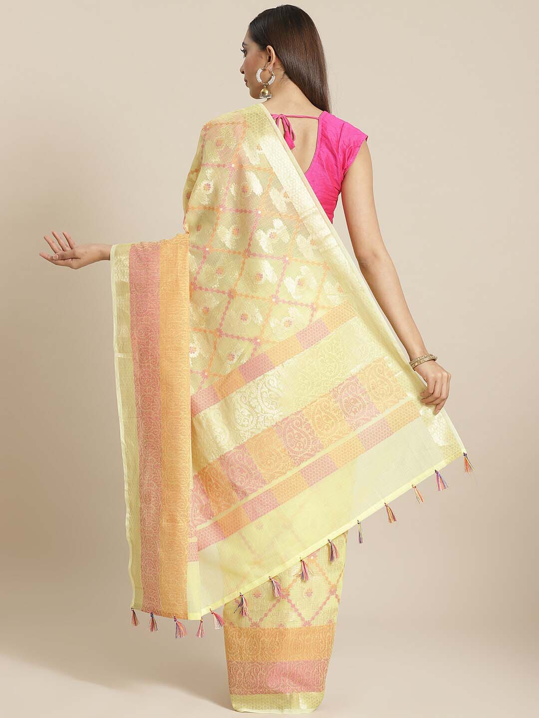 Indethnic Banarasi Yellow Woven Design Work Wear Saree - View 2