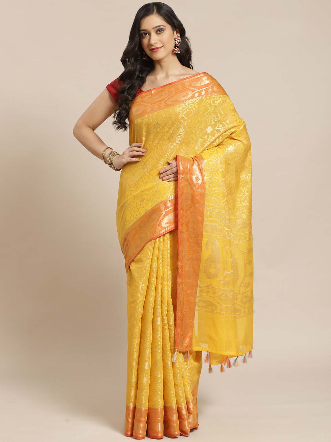 Indethnic Banarasi Yellow Woven Design Party Wear Saree - View 1