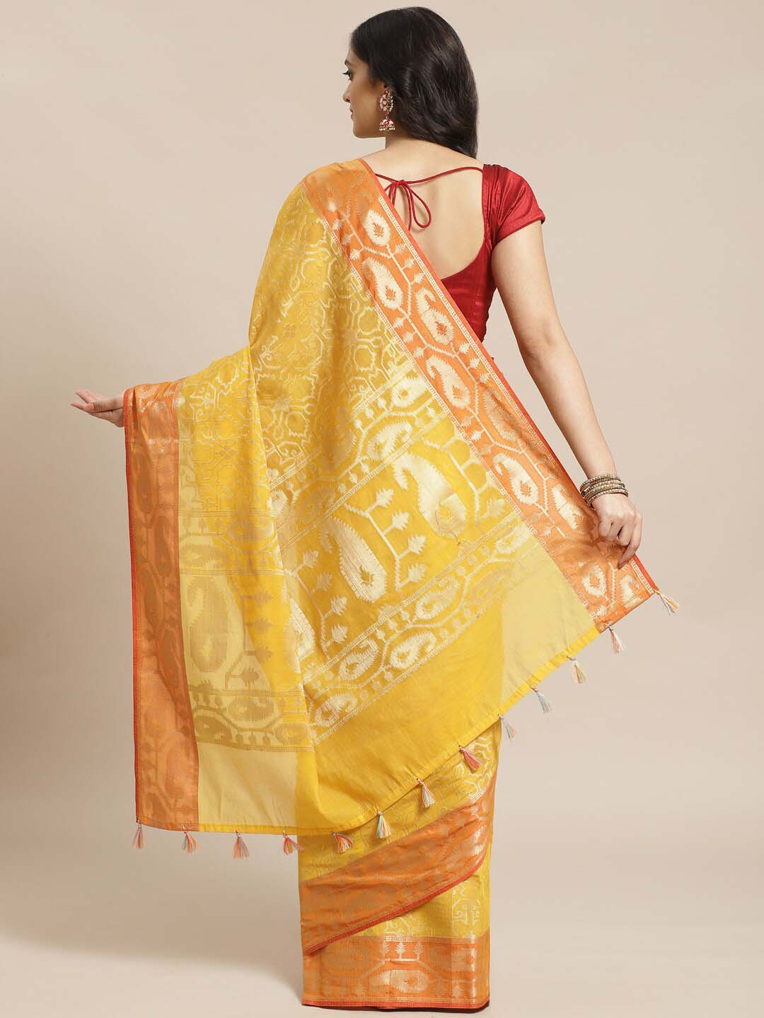 Indethnic Banarasi Yellow Woven Design Party Wear Saree - View 2