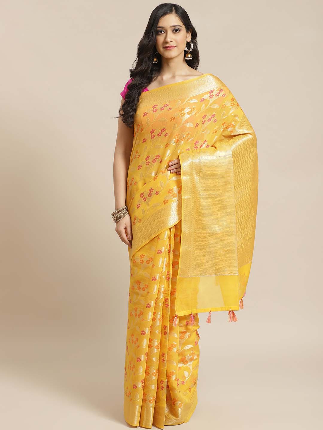 Indethnic Banarasi Yellow Woven Design Daily Wear Saree - View 1