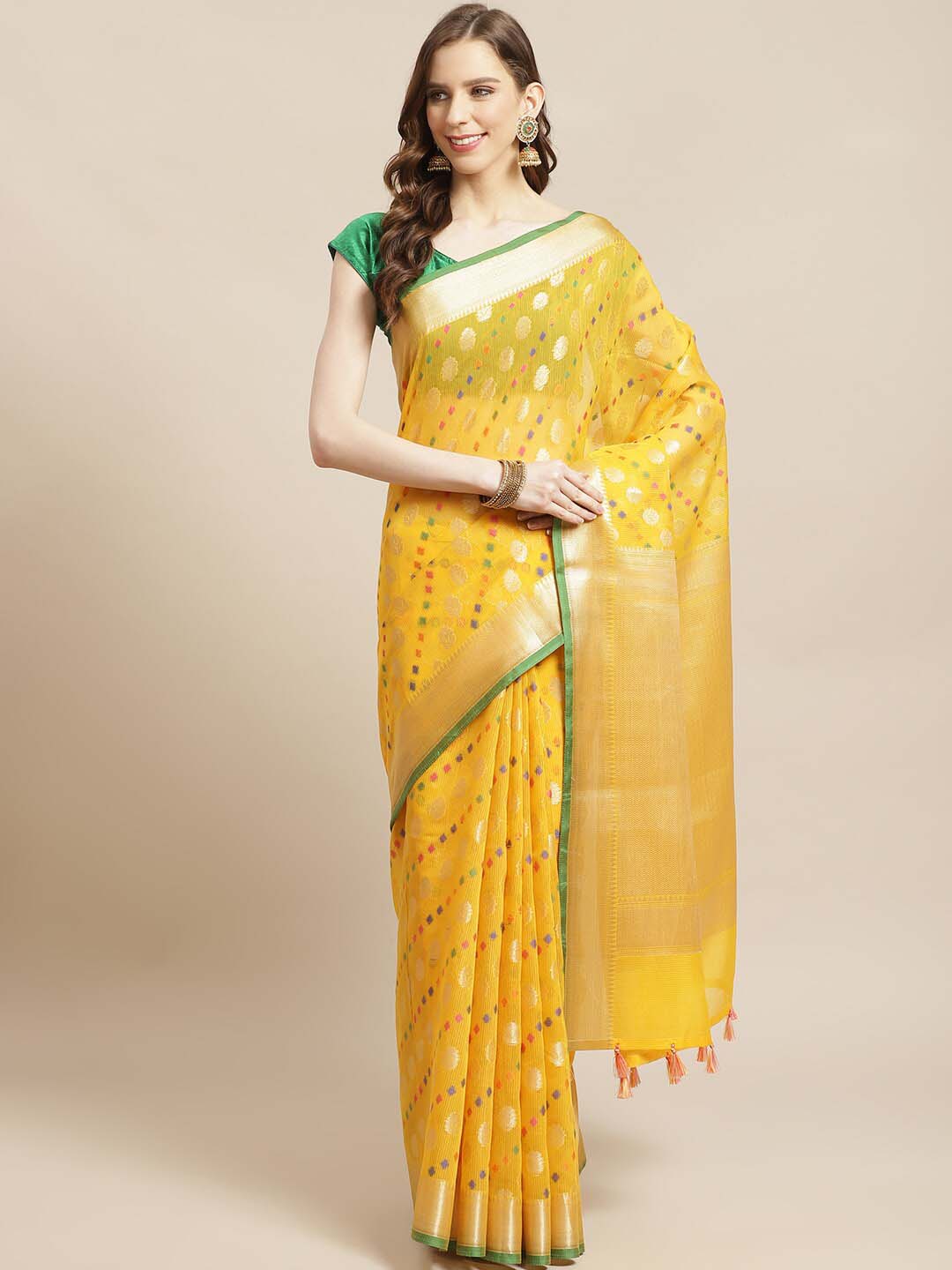 Indethnic Banarasi Yellow Woven Design Festive Wear Saree - View 1