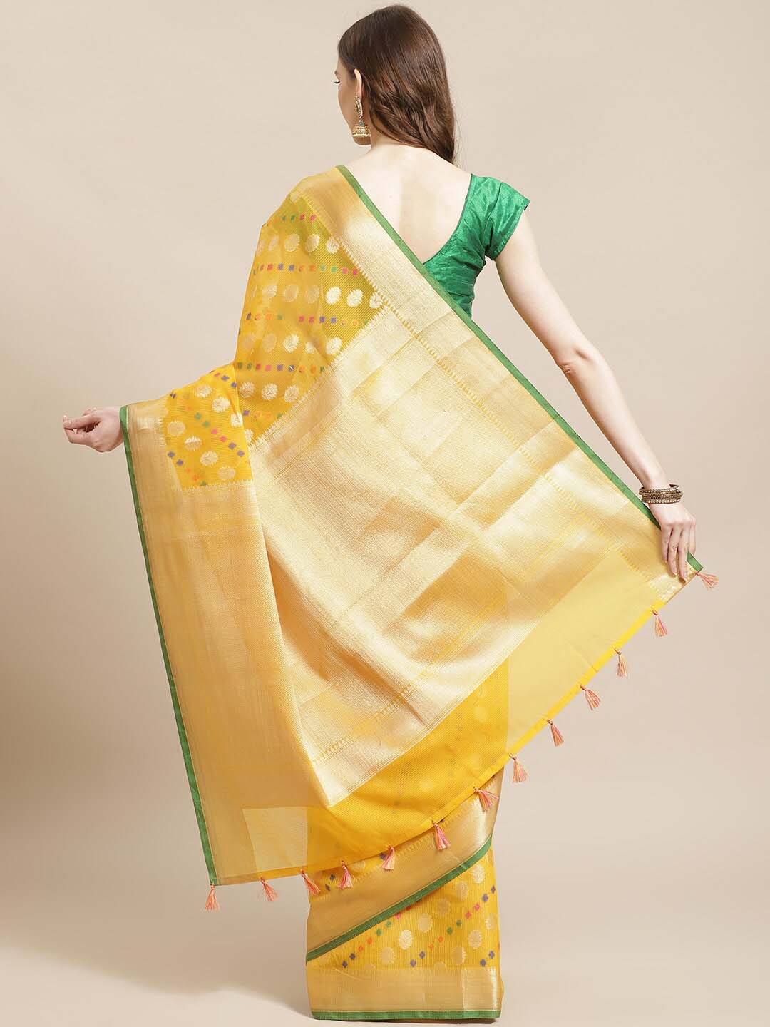 Indethnic Banarasi Yellow Woven Design Festive Wear Saree - View 3