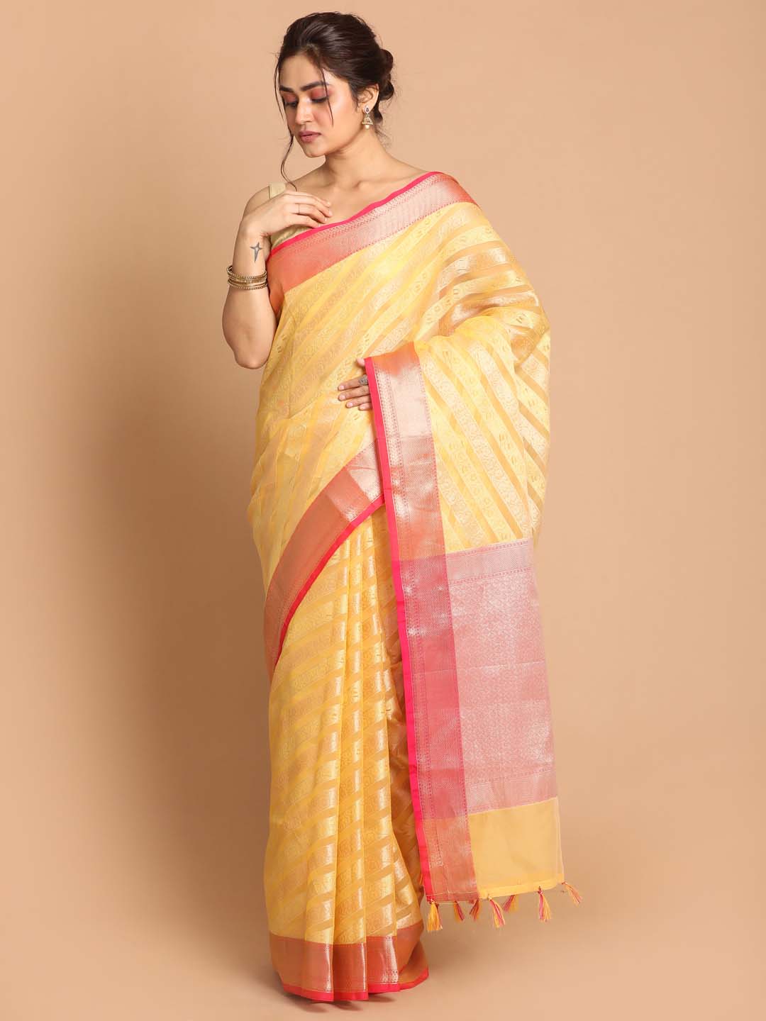 Indethnic Banarasi Yellow Woven Design Party Wear Saree - View 1