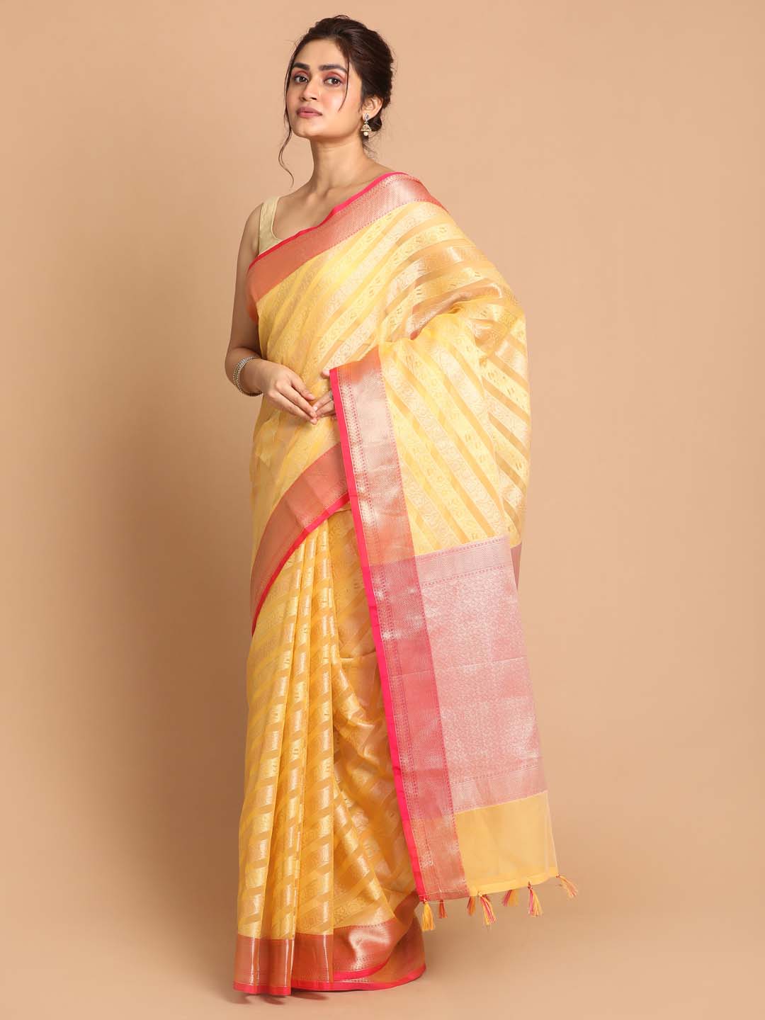 Indethnic Banarasi Yellow Woven Design Party Wear Saree - View 2