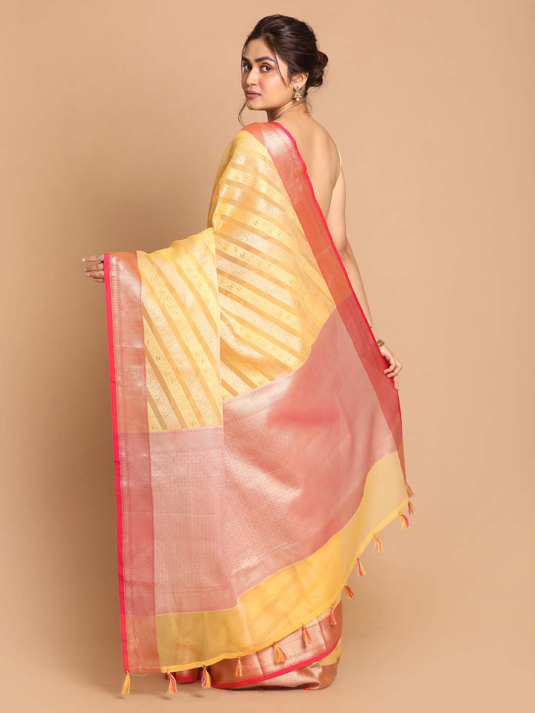 Indethnic Banarasi Yellow Woven Design Party Wear Saree - View 3