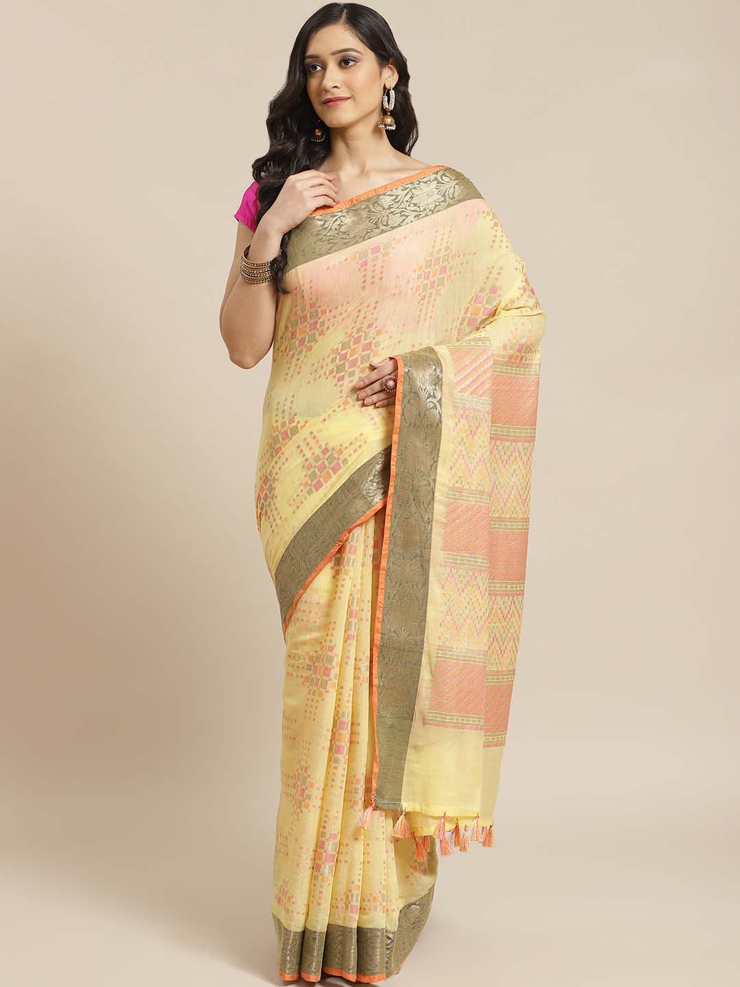 Indethnic Banarasi Yellow Woven Design Daily Wear Saree - View 1