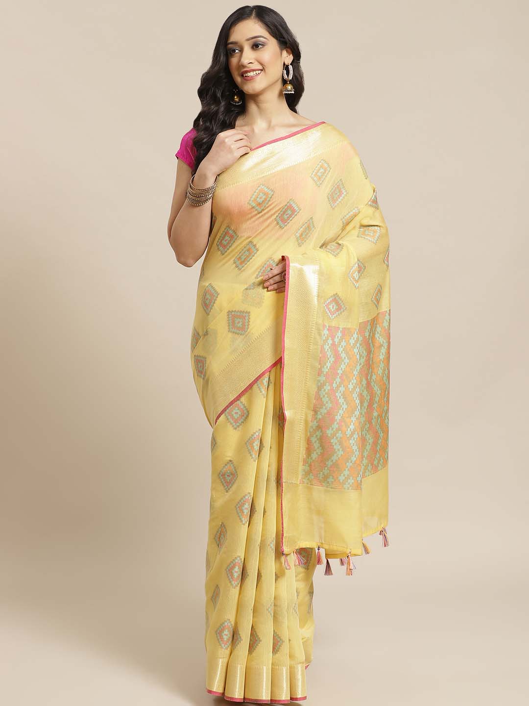 Indethnic Banarasi Yellow Woven Design Work Wear Saree - View 1