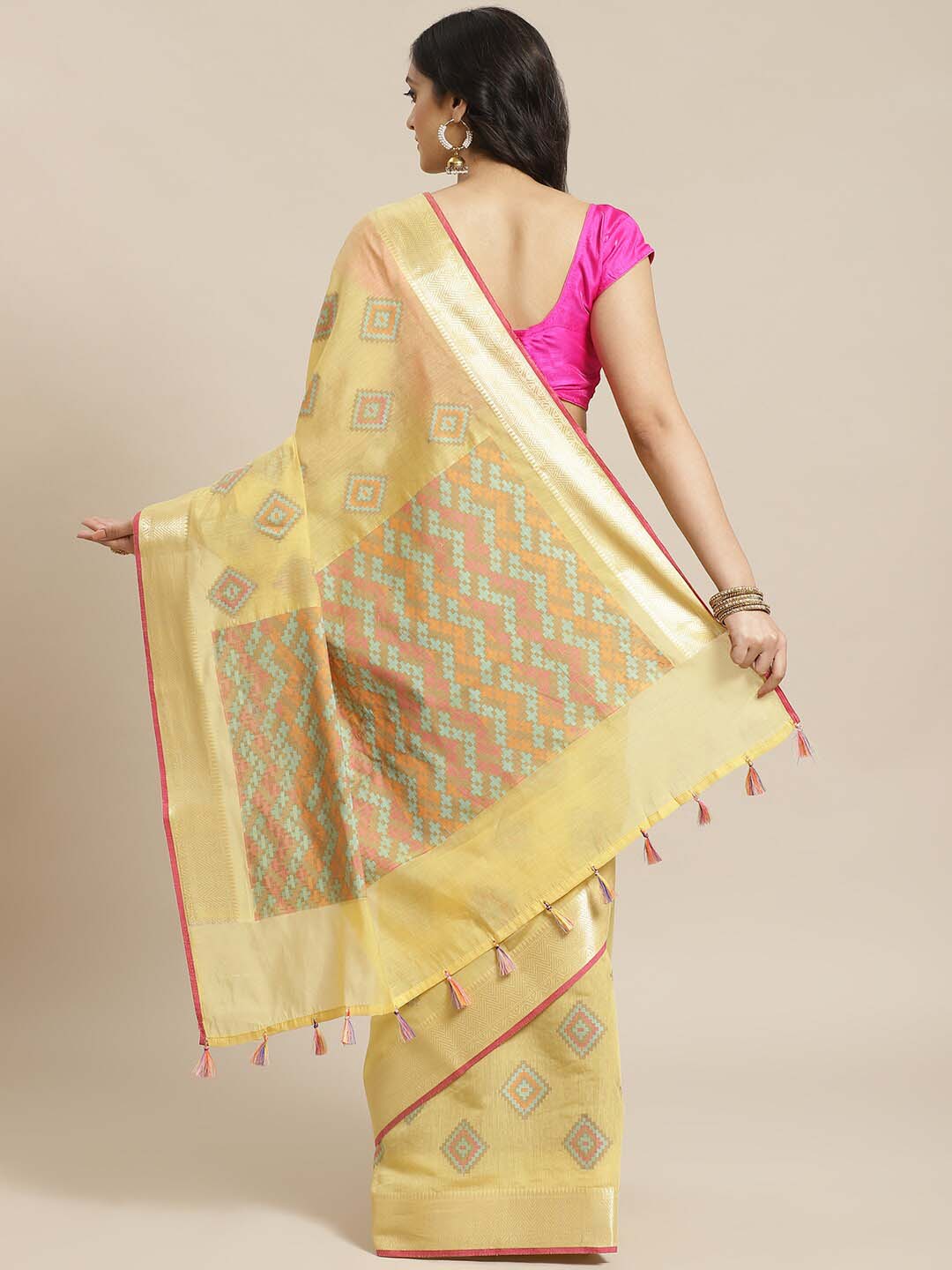 Indethnic Banarasi Yellow Woven Design Work Wear Saree - View 2