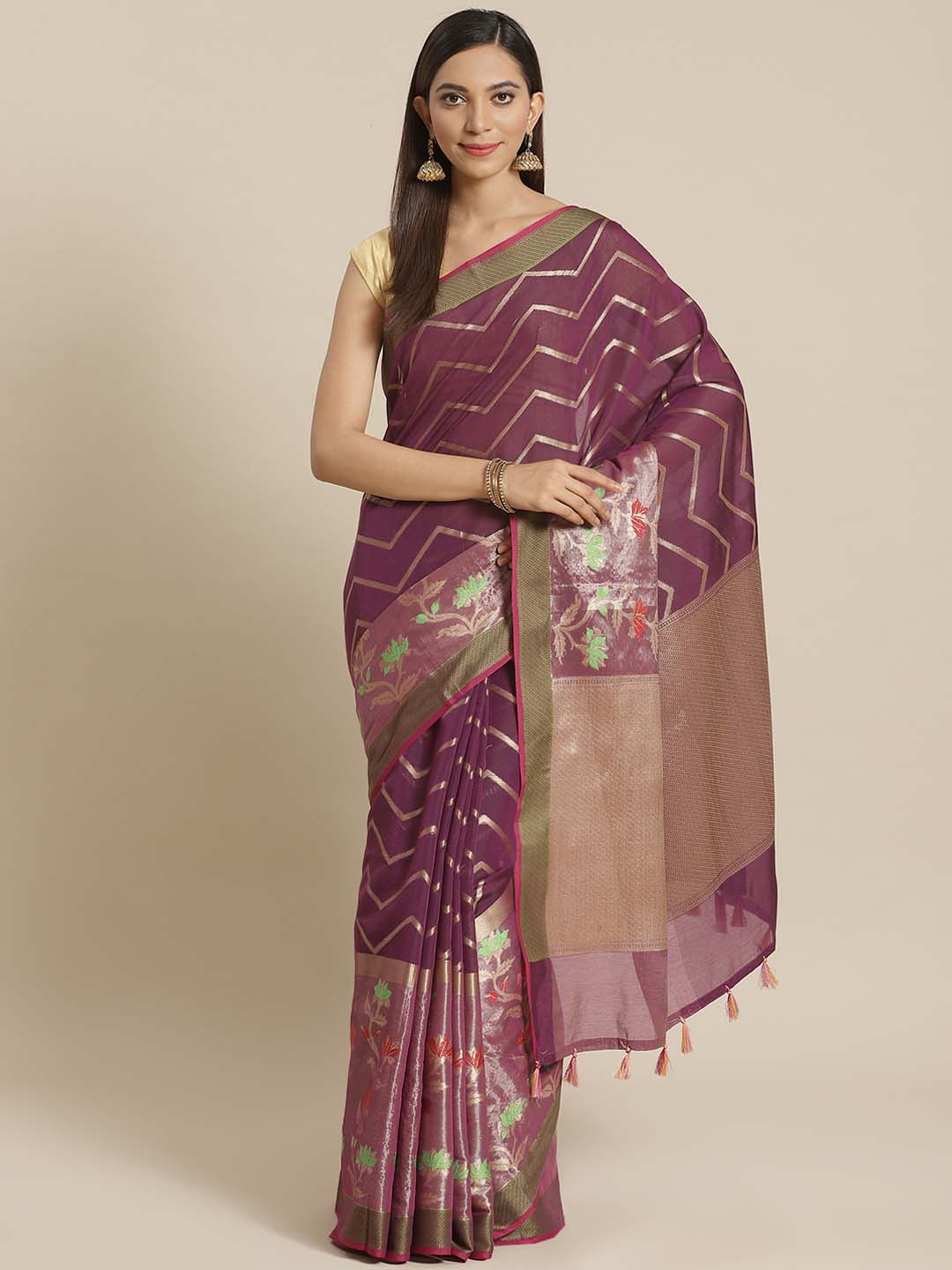 Indethnic Banarasi Wine Woven Design Party Wear Saree - View 1