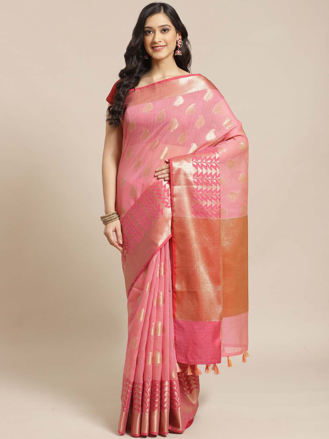 Indethnic Banarasi Fuchsia Woven Design Daily Wear Saree - View 1