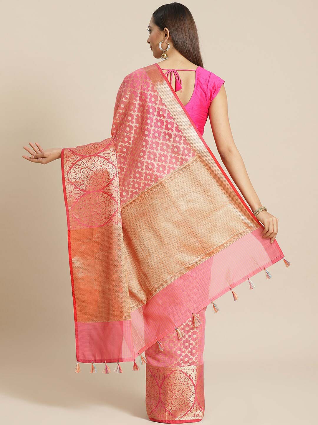 Indethnic Banarasi Fuchsia Woven Design Festive Wear Saree - View 2