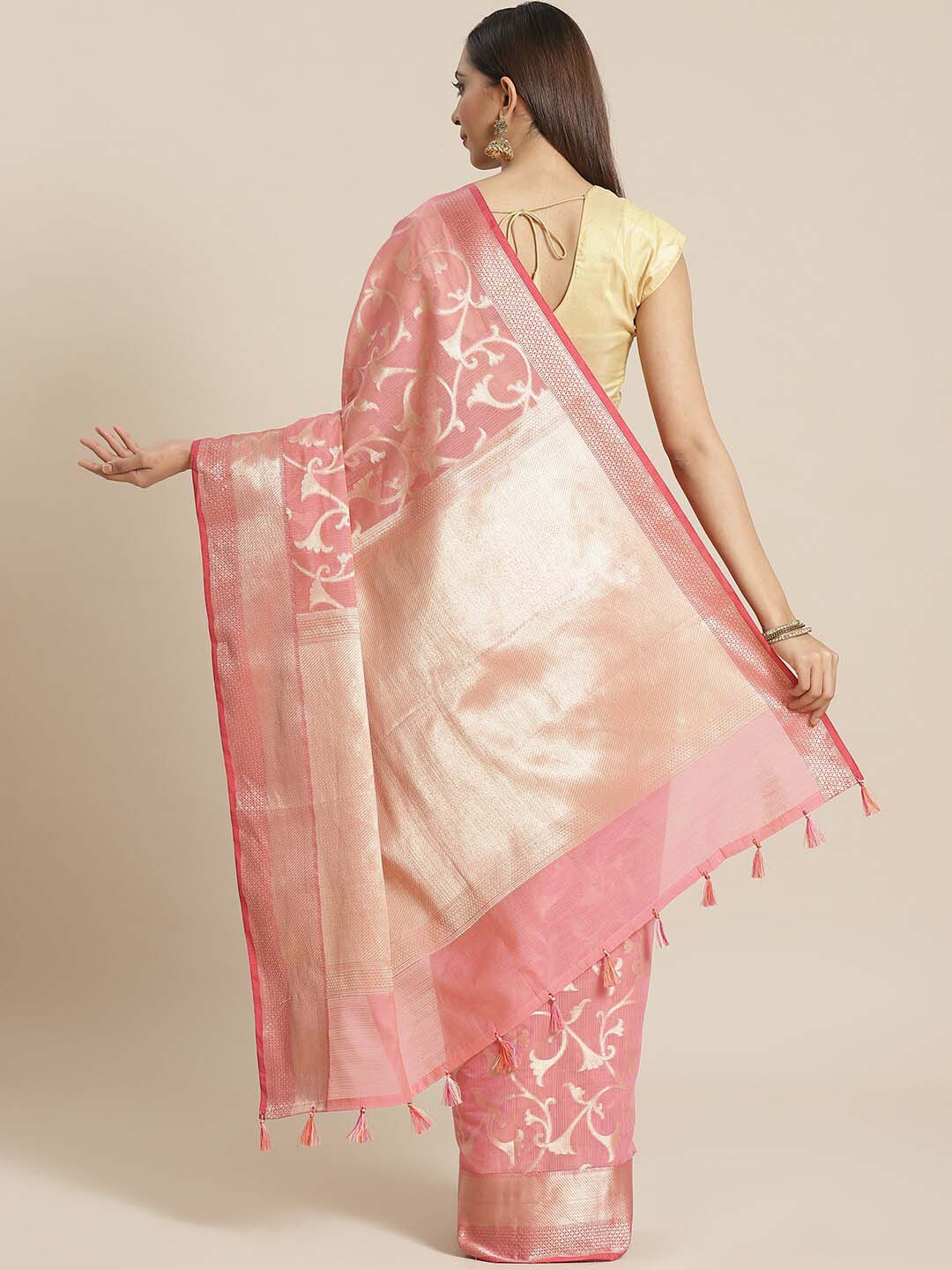 Indethnic Banarasi Fuchsia Woven Design Festive Wear Saree - View 3