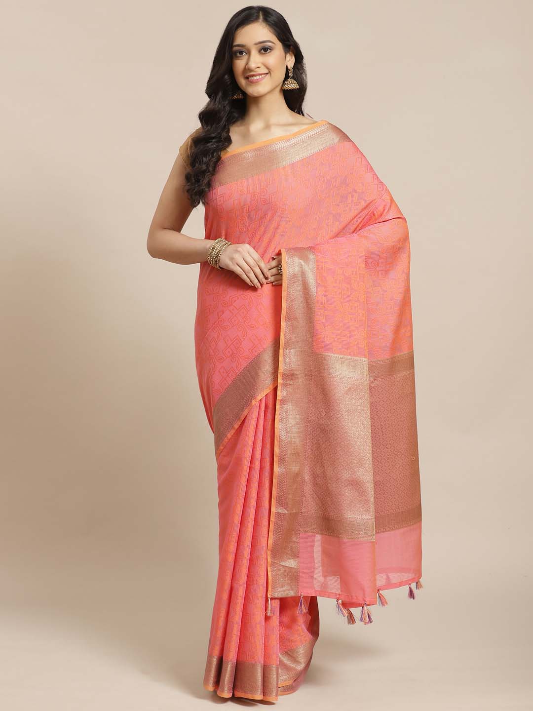 Indethnic Banarasi Fuchsia Woven Design Work Wear Saree - View 1