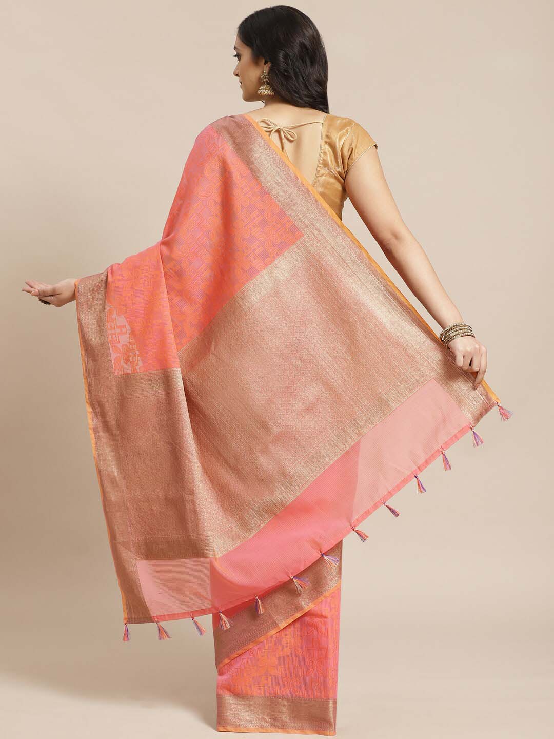 Indethnic Banarasi Fuchsia Woven Design Work Wear Saree - View 2