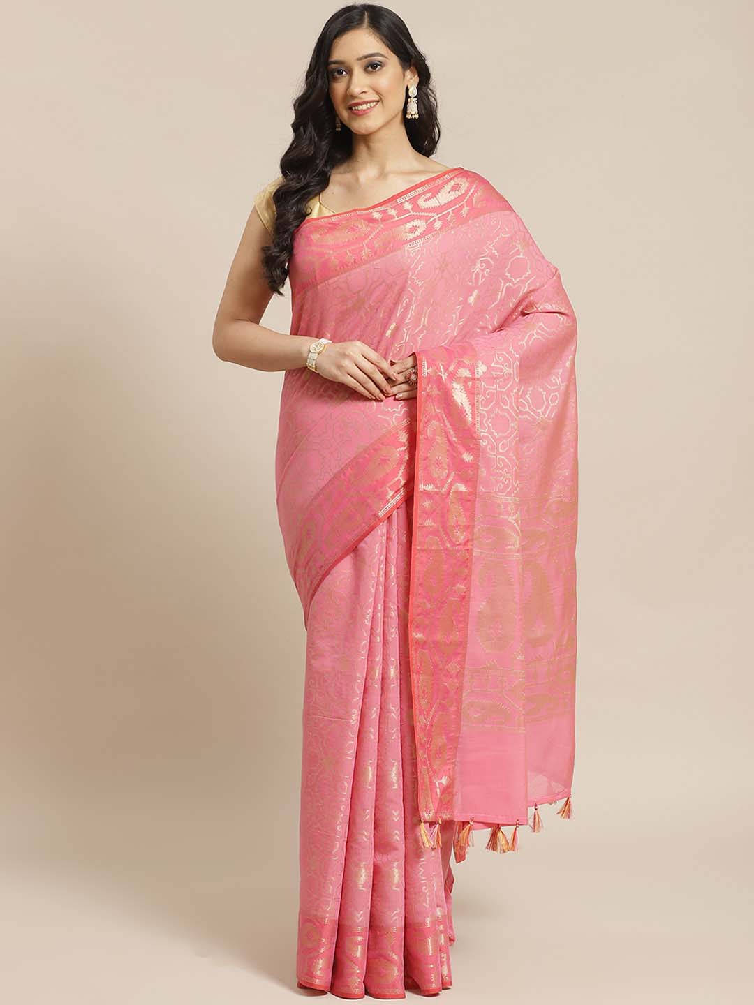 Indethnic Banarasi Fuchsia Woven Design Party Wear Saree - View 1