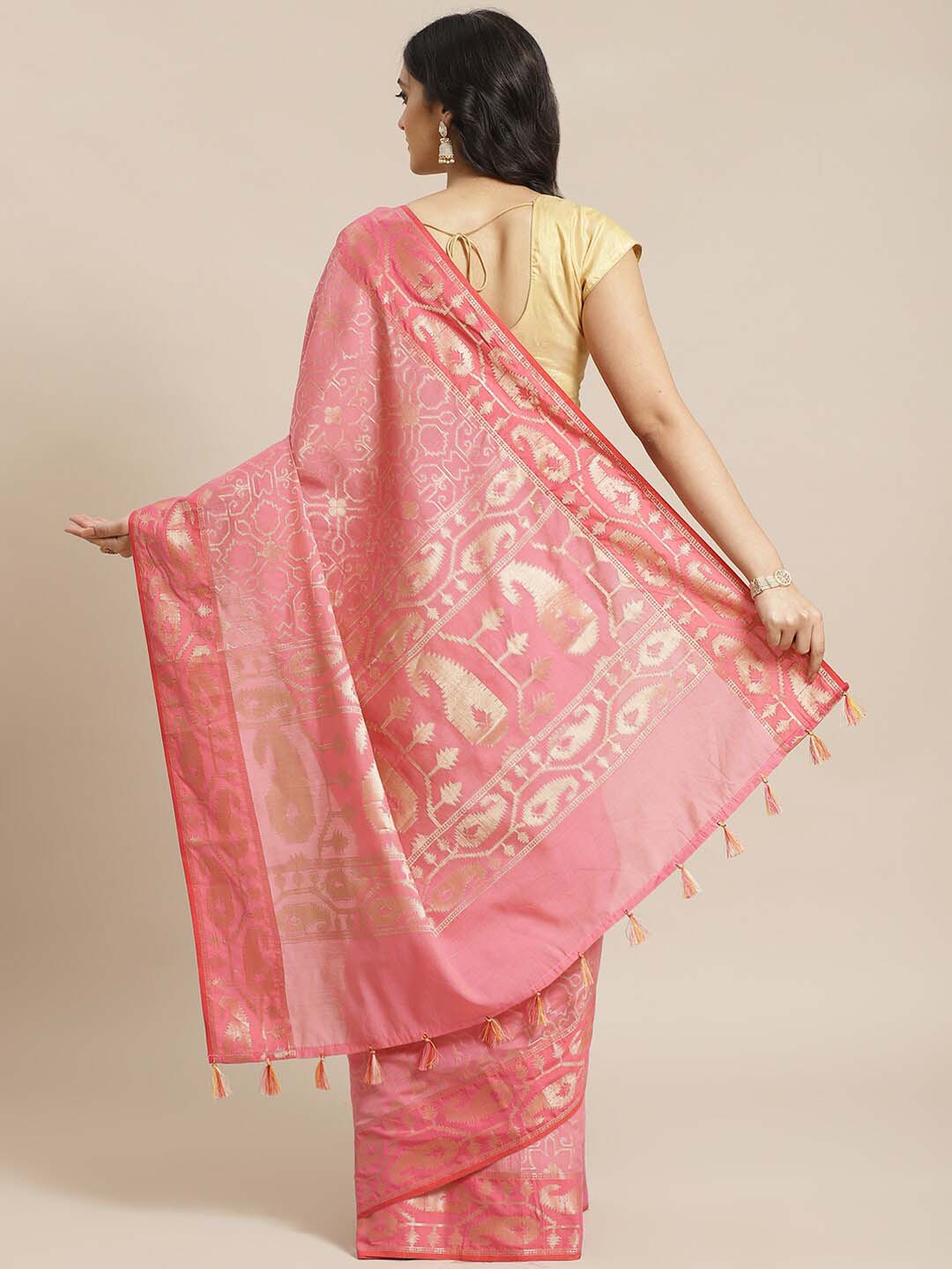 Indethnic Banarasi Fuchsia Woven Design Party Wear Saree - View 2