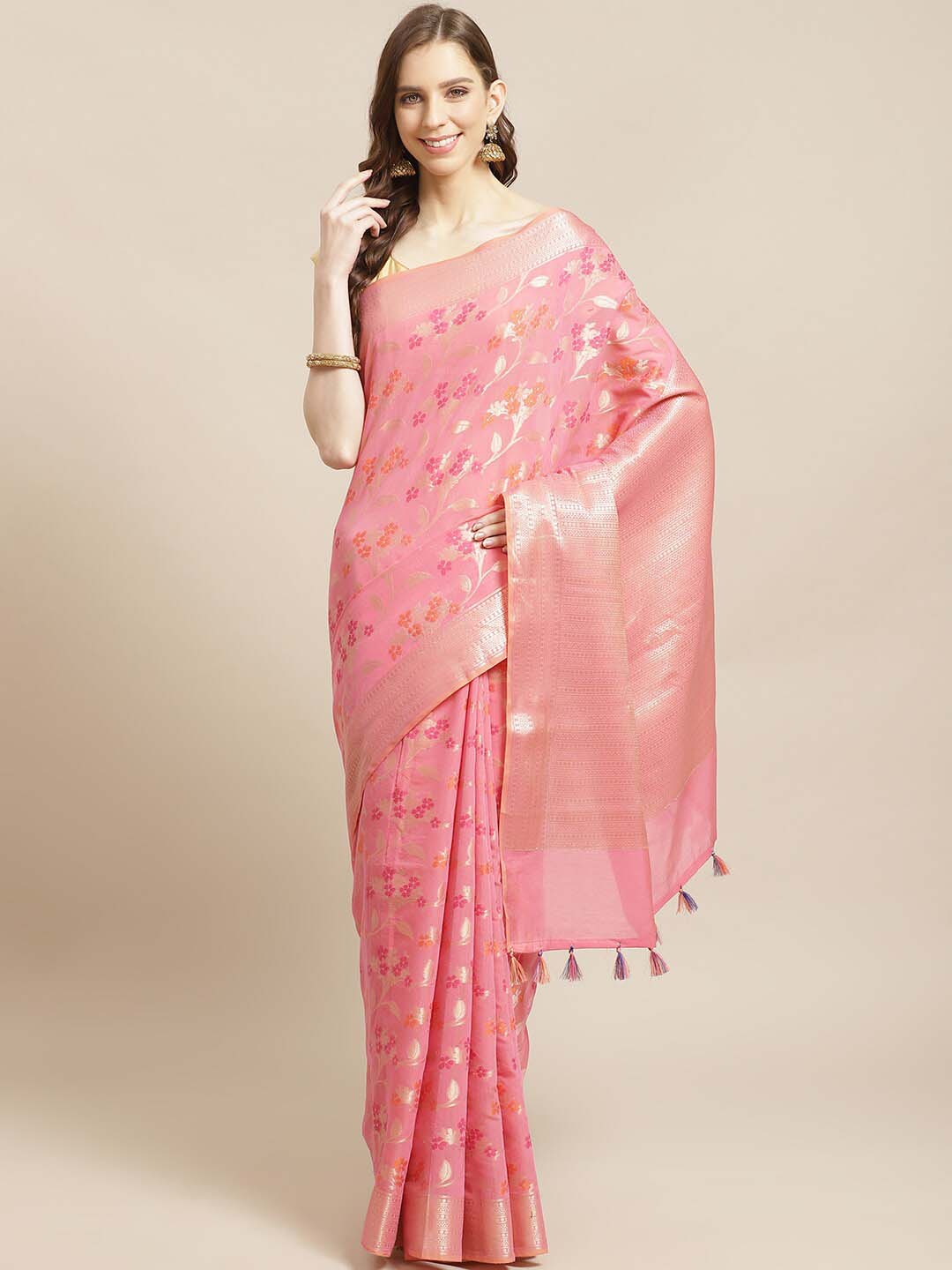 Indethnic Banarasi Fuchsia Woven Design Daily Wear Saree - View 1