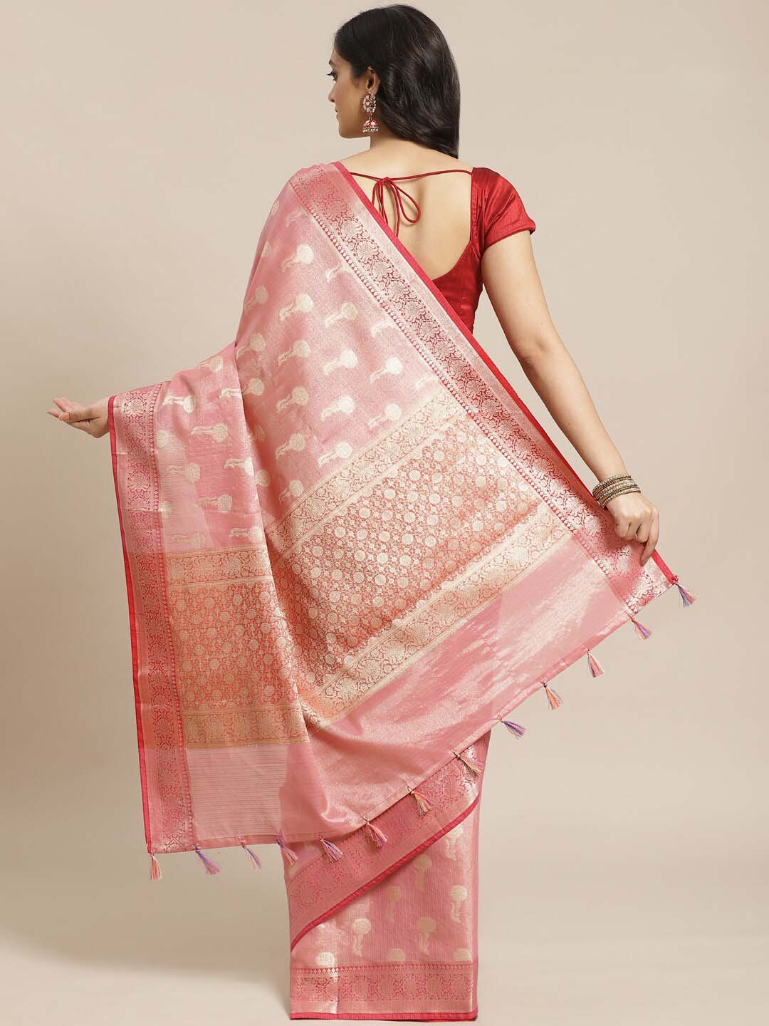 Indethnic Banarasi Fuchsia Woven Design Festive Wear Saree - View 3