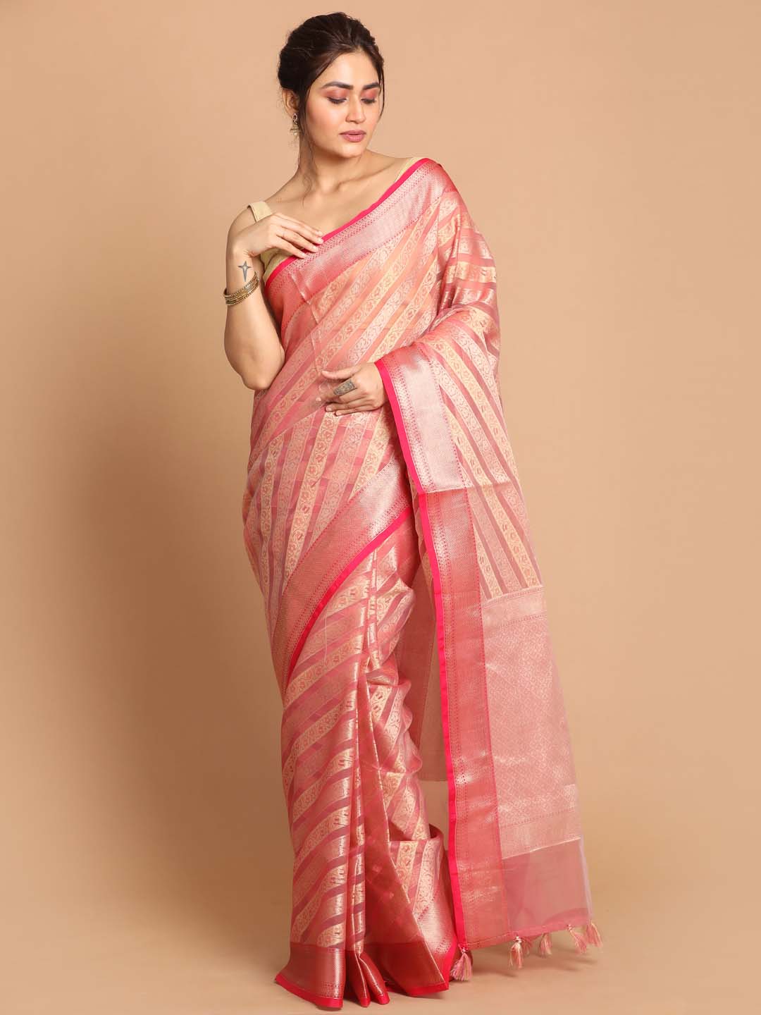 Indethnic Banarasi Fuchsia Woven Design Party Wear Saree - View 1