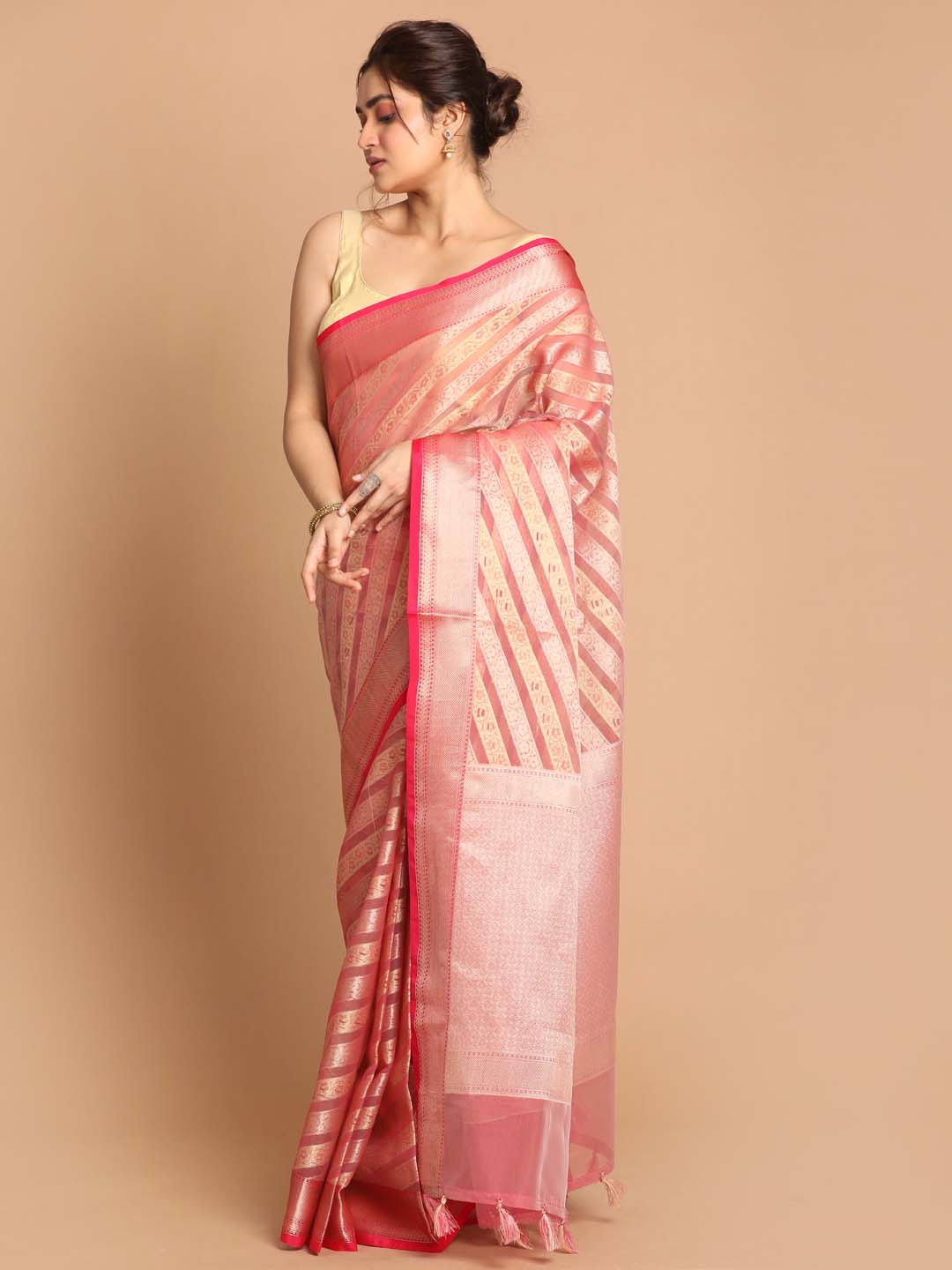 Indethnic Banarasi Fuchsia Woven Design Party Wear Saree - View 2