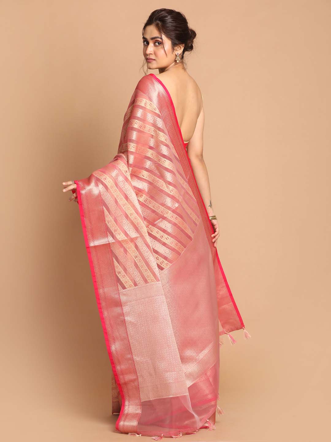 Indethnic Banarasi Fuchsia Woven Design Party Wear Saree - View 3