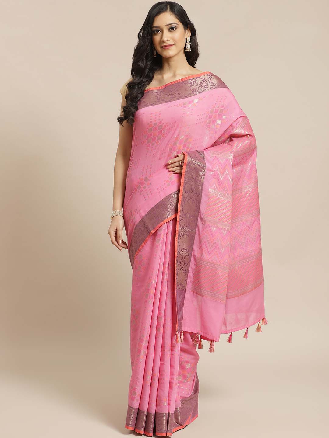 Indethnic Banarasi Fuchsia Woven Design Daily Wear Saree - View 1