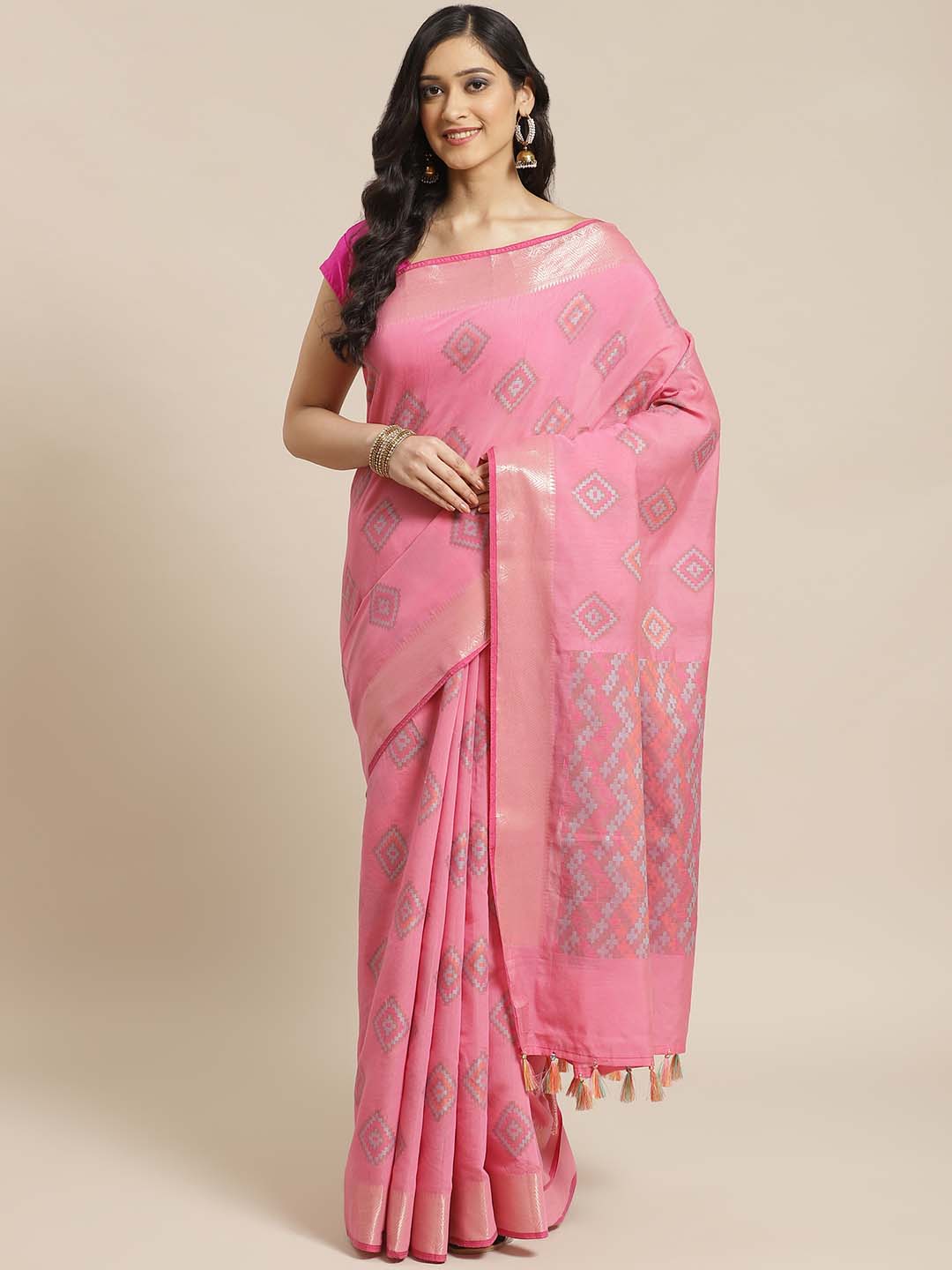 Indethnic Banarasi Fuchsia Woven Design Work Wear Saree - View 1