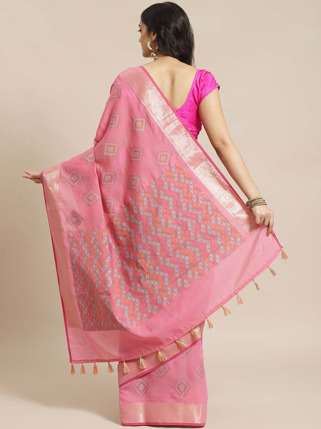 Indethnic Banarasi Fuchsia Woven Design Work Wear Saree - View 2