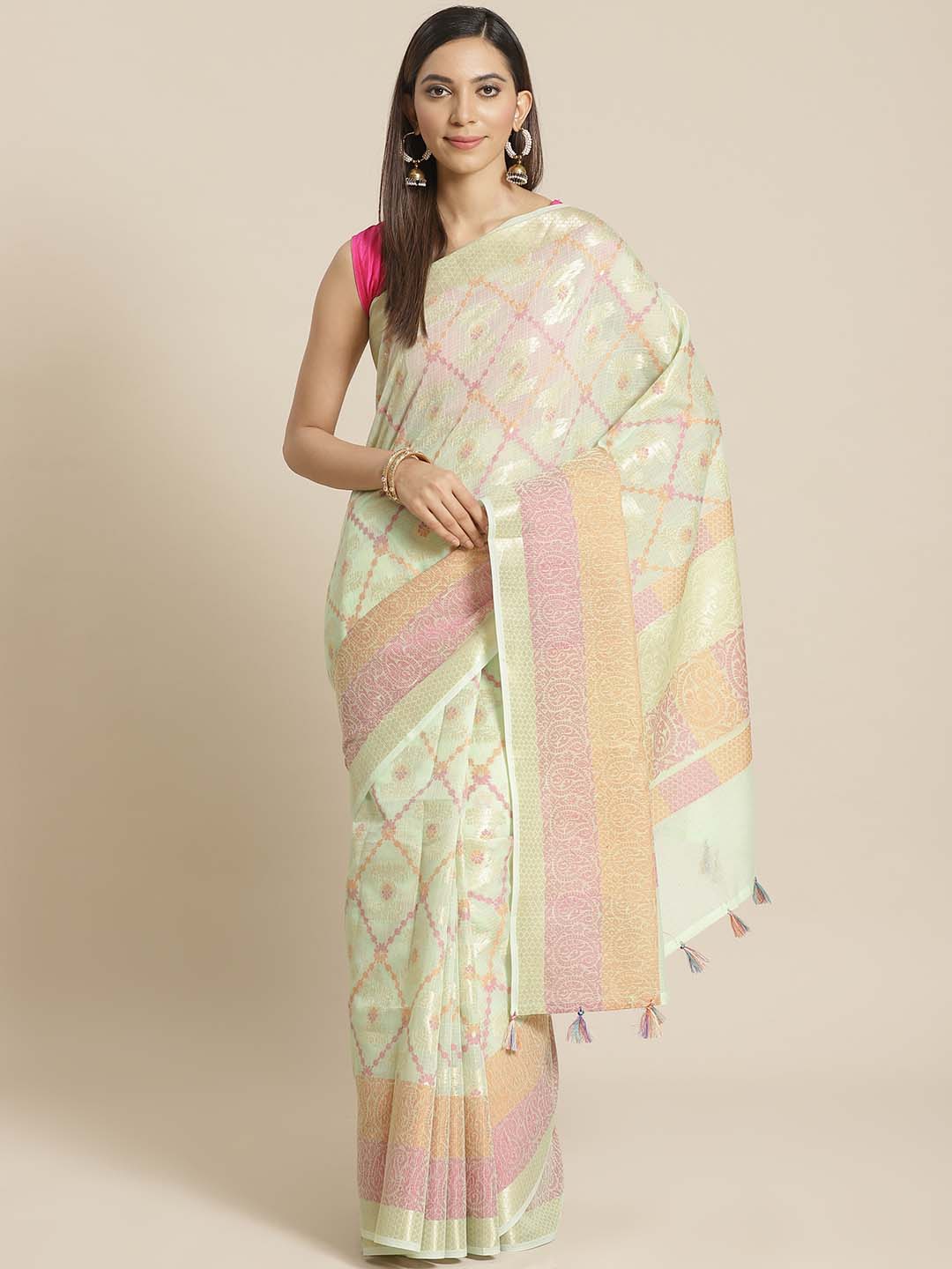 Indethnic Banarasi Pista Woven Design Work Wear Saree - View 1