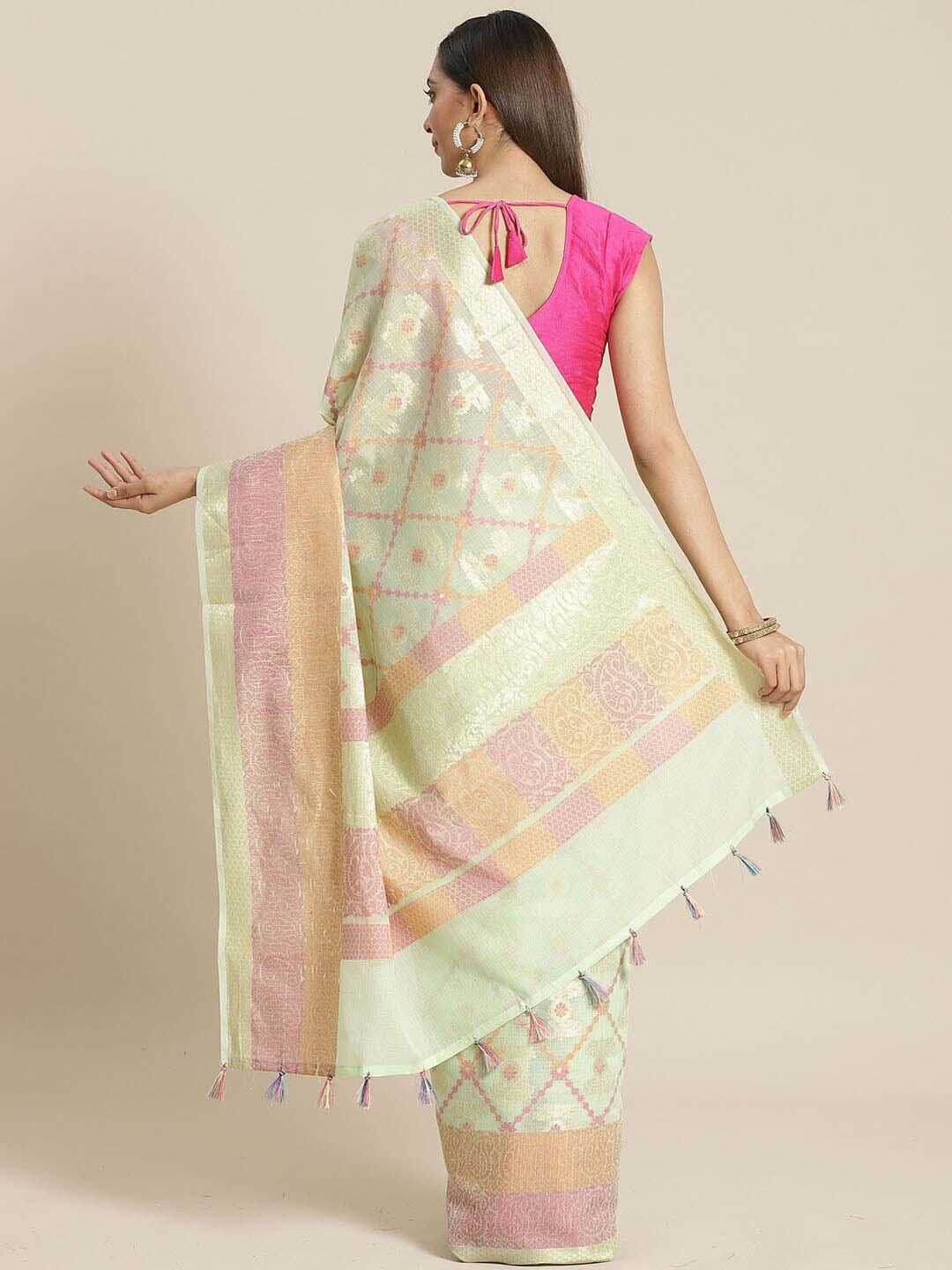 Indethnic Banarasi Pista Woven Design Work Wear Saree - View 2