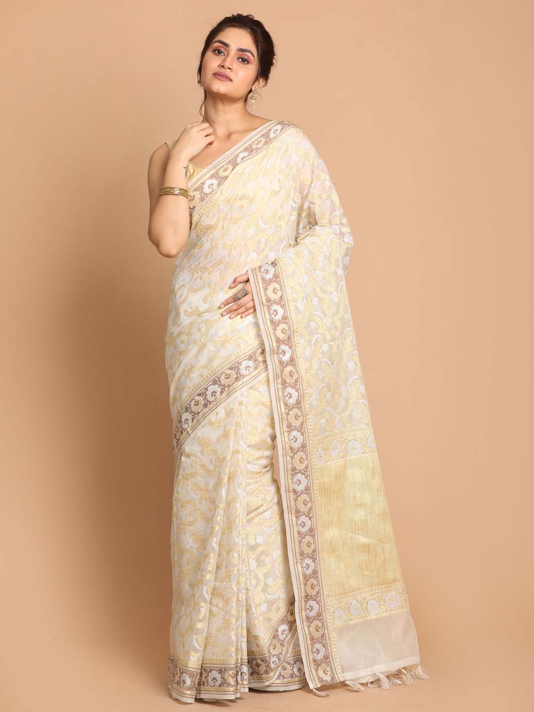 Indethnic Banarasi White Woven Design Festive Wear Saree - View 1