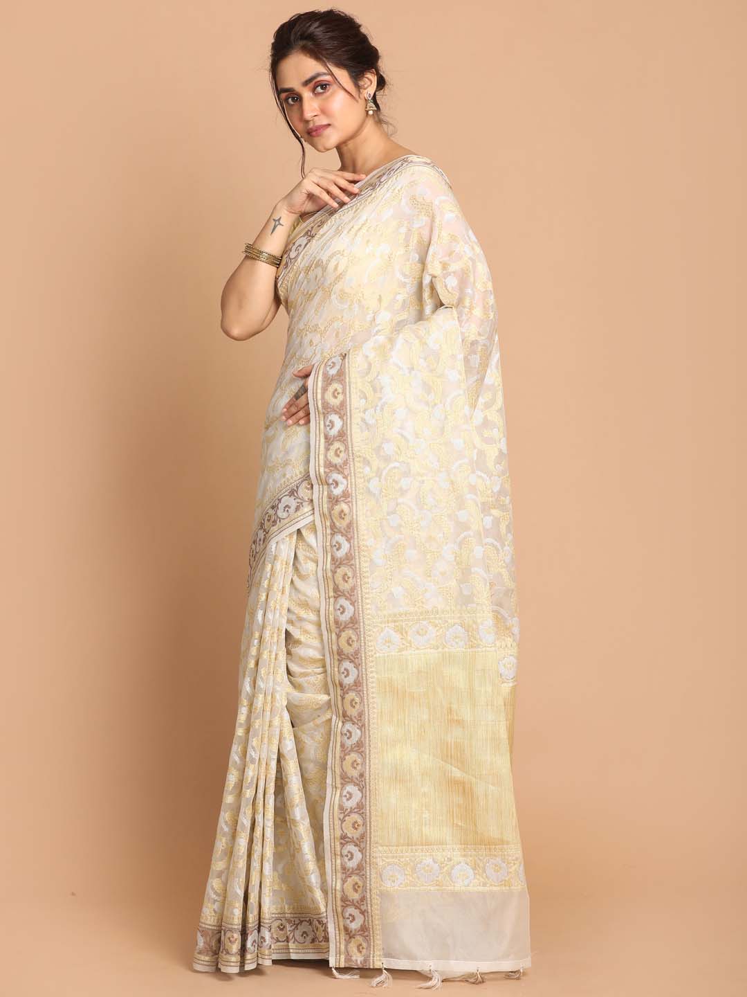 Indethnic Banarasi White Woven Design Festive Wear Saree - View 2