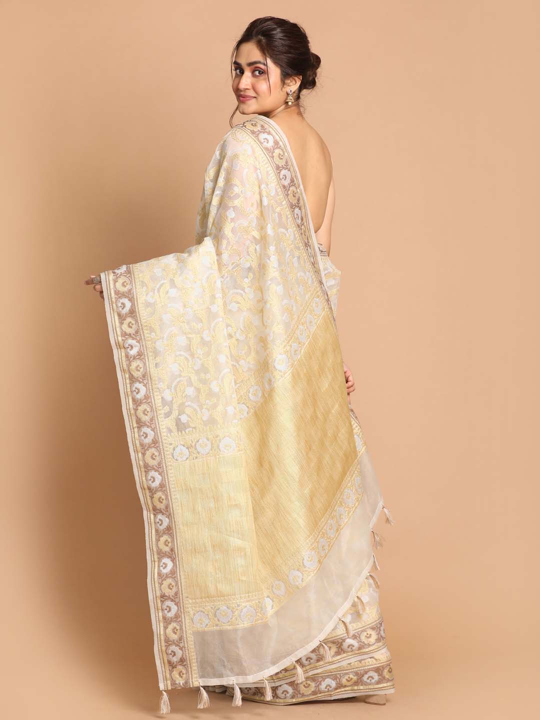 Indethnic Banarasi White Woven Design Festive Wear Saree - View 3