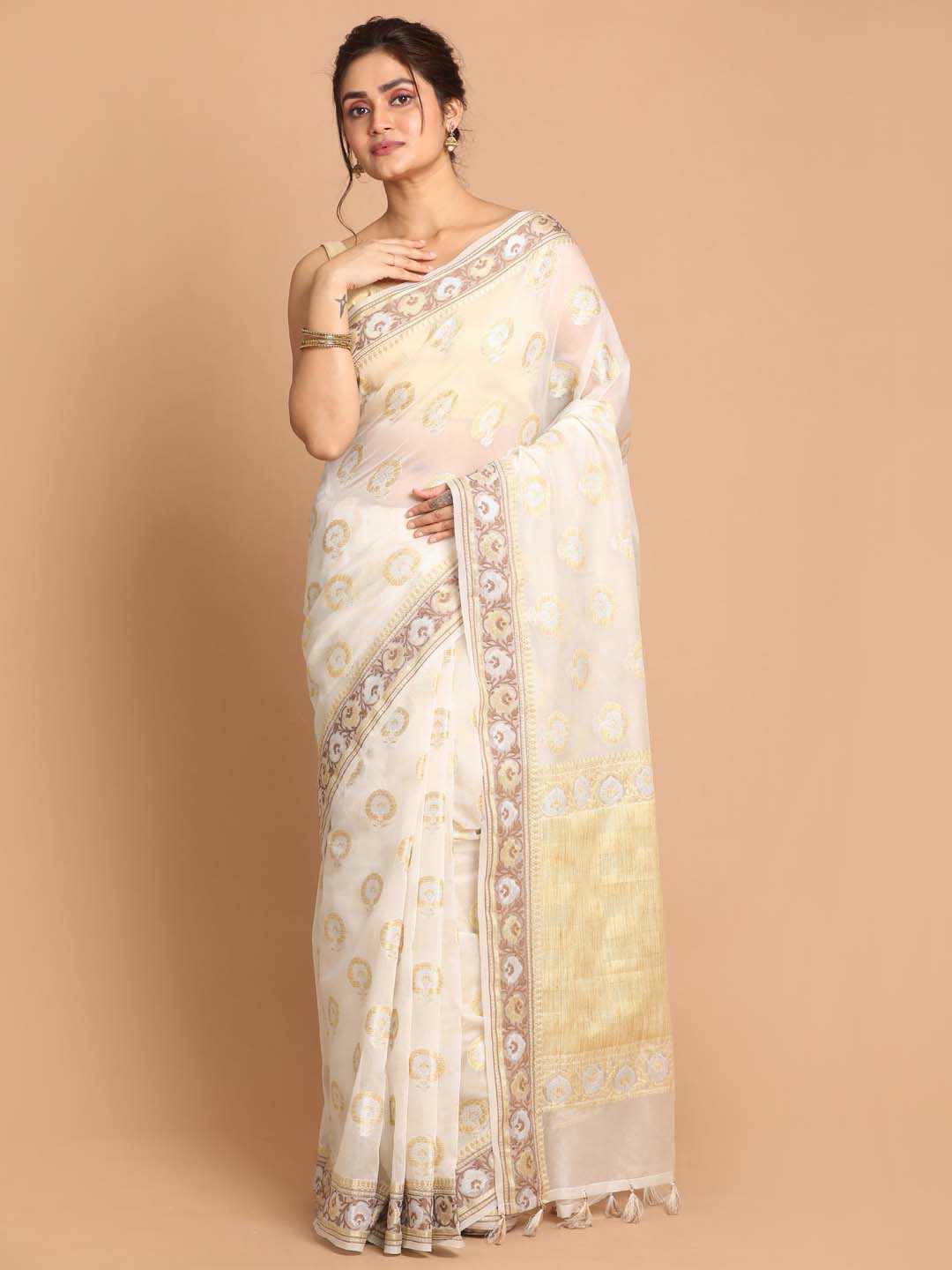 Indethnic Banarasi White Woven Design Festive Wear Saree - View 1