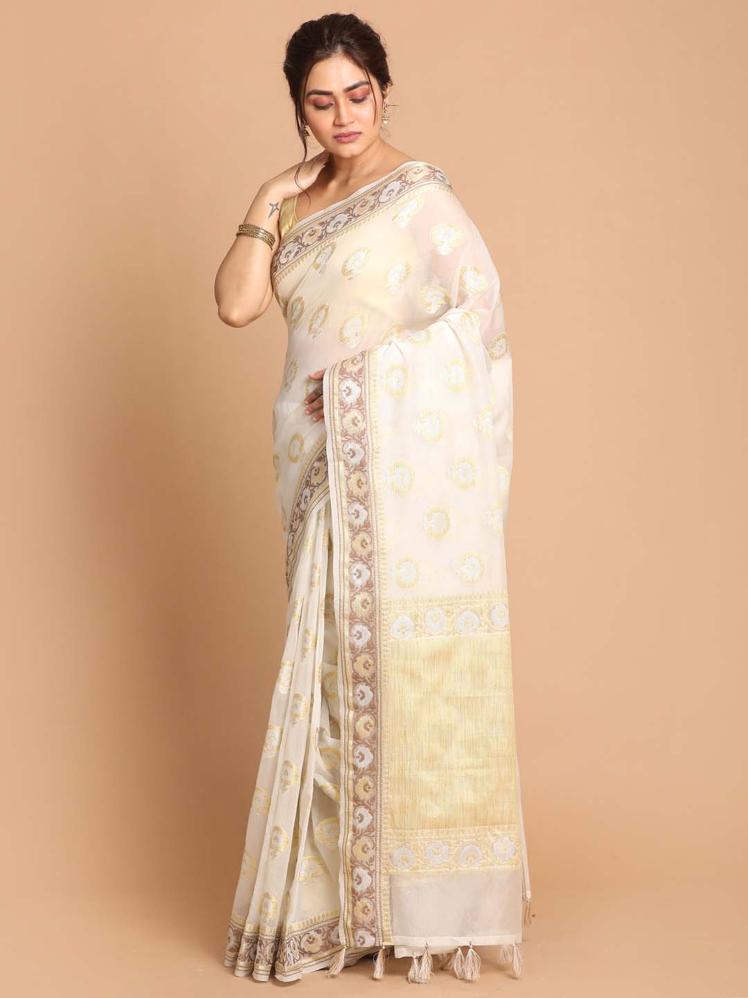 Indethnic Banarasi White Woven Design Festive Wear Saree - View 2