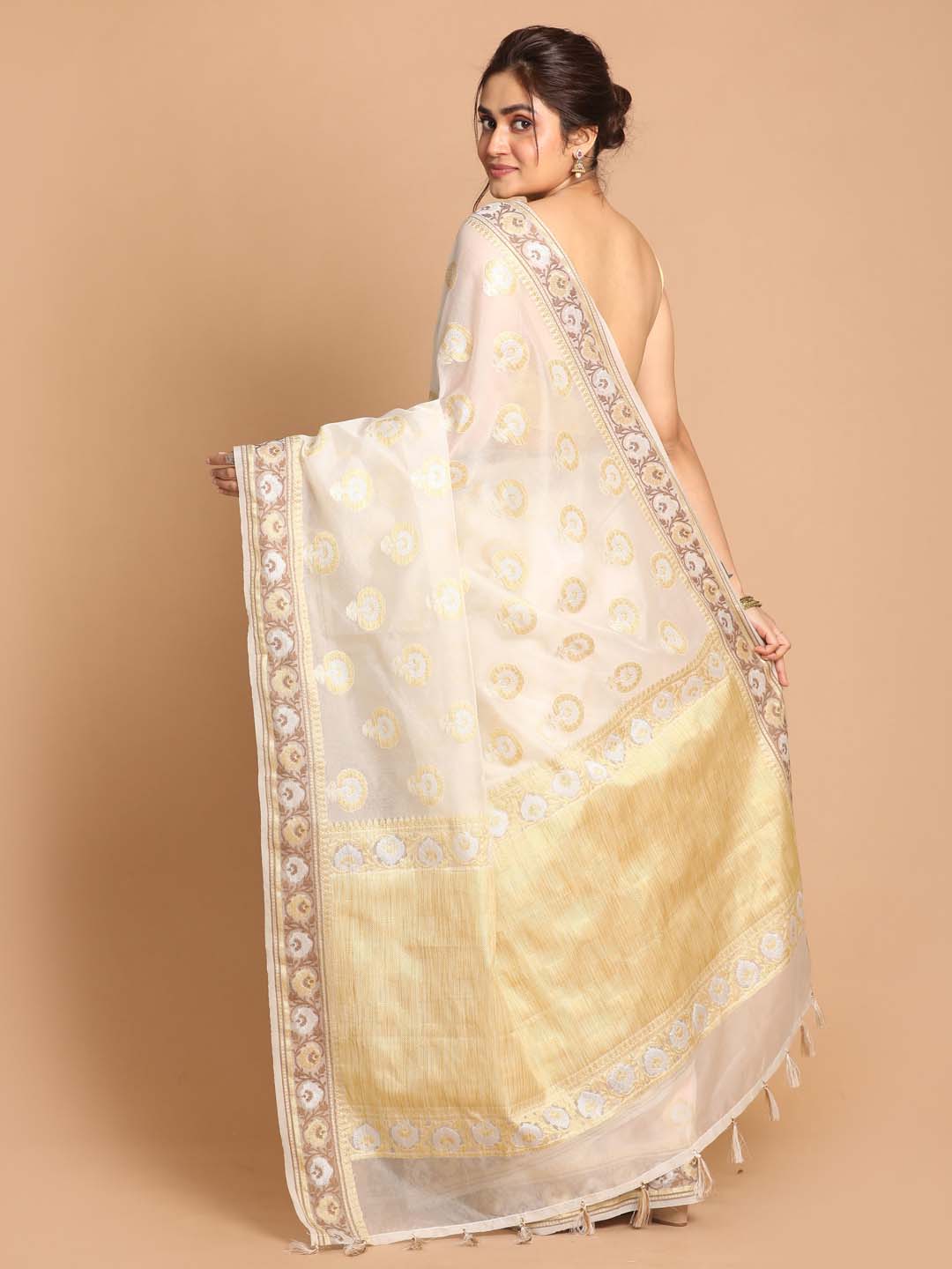 Indethnic Banarasi White Woven Design Festive Wear Saree - View 3