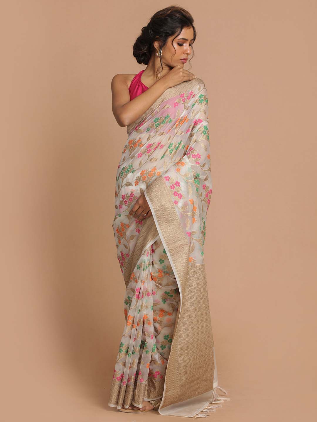 Indethnic Banarasi White Woven Design Festive Wear Saree - View 1