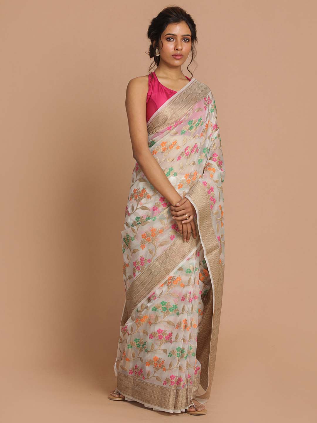 Indethnic Banarasi White Woven Design Festive Wear Saree - View 2