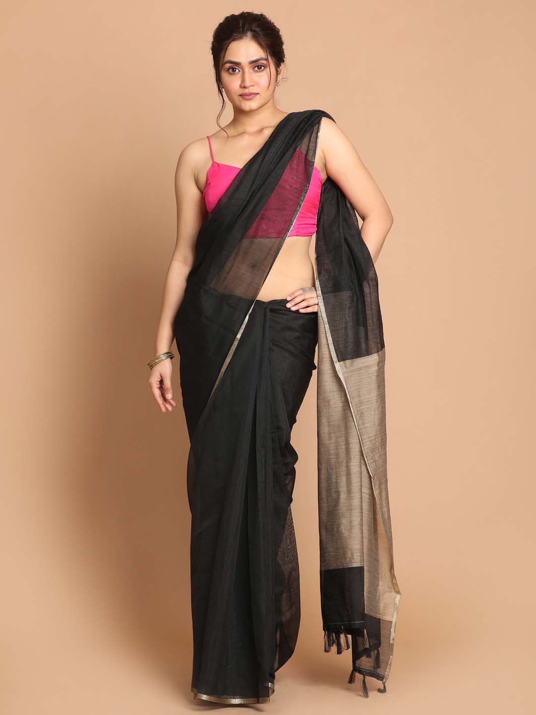 Indethnic Banarasi Black Solid Daily Wear Saree - View 1