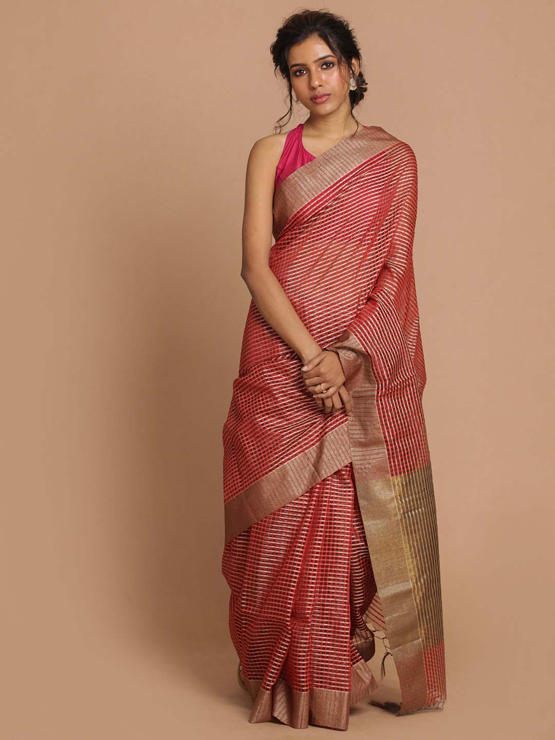 Indethnic Banarasi Red Checked Daily Wear Saree - View 1