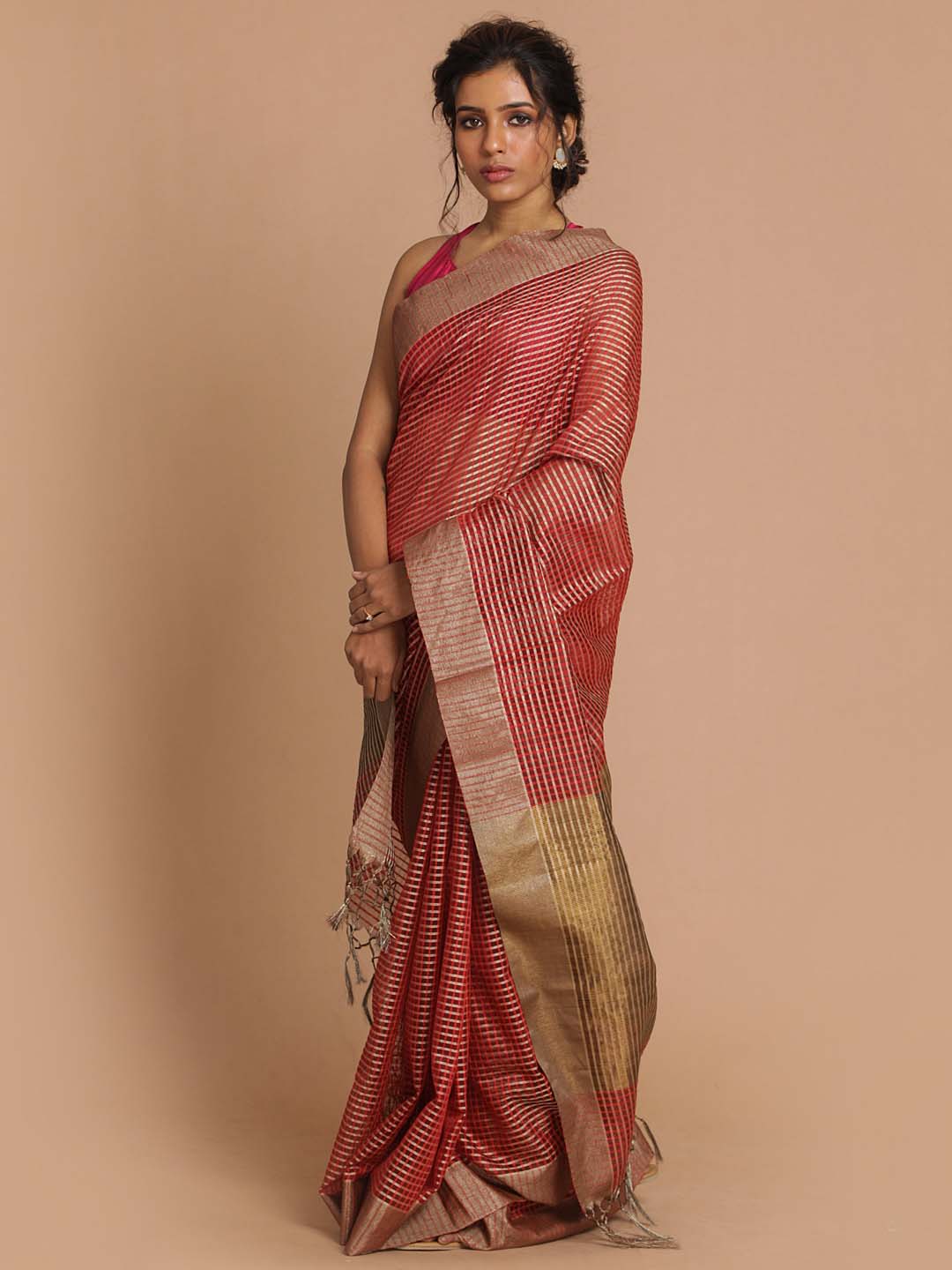 Indethnic Banarasi Red Checked Daily Wear Saree - View 2