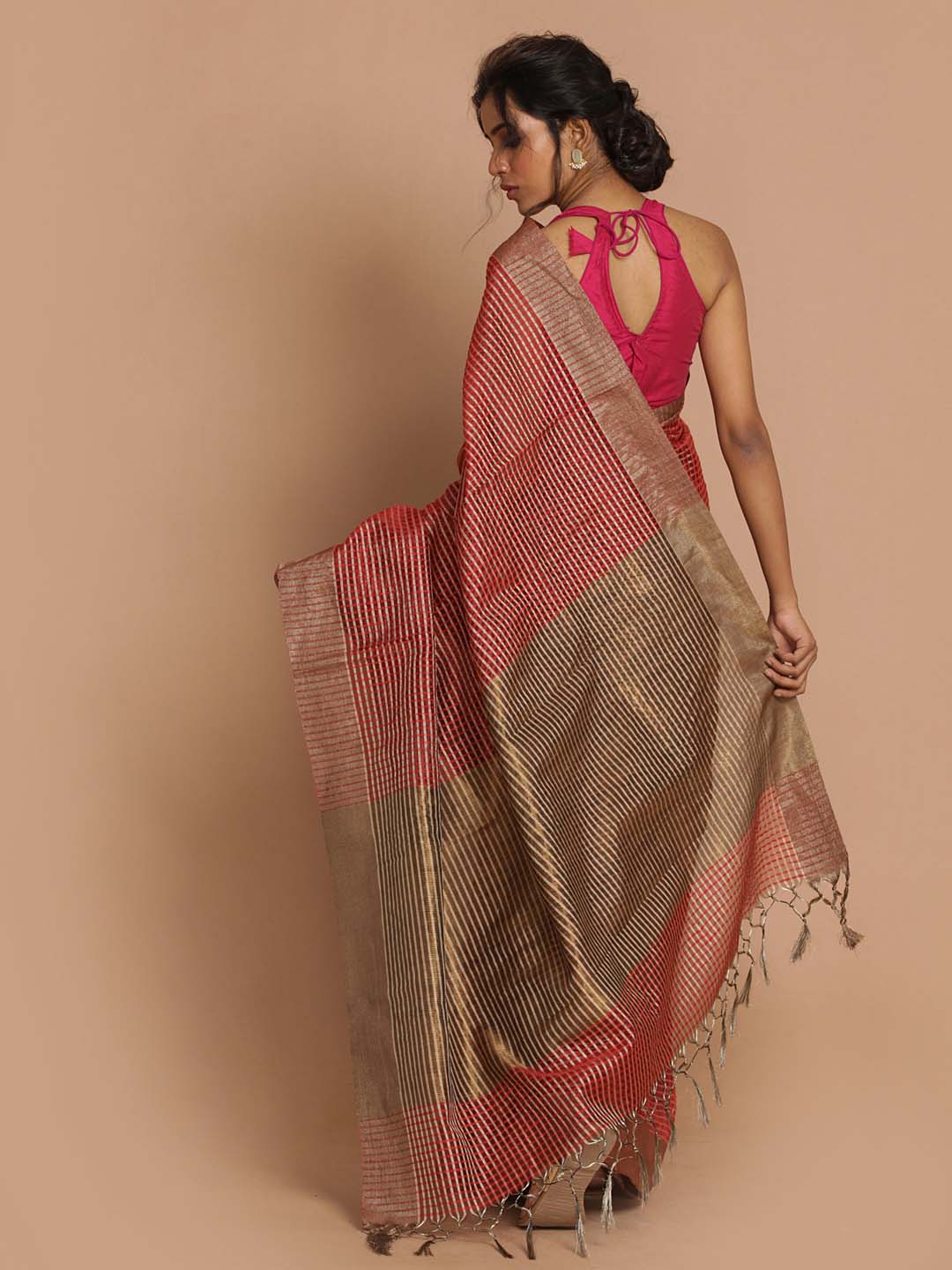 Indethnic Banarasi Red Checked Daily Wear Saree - View 3