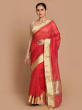 Indethnic Banarasi Red Checked Daily Wear Saree - View 1