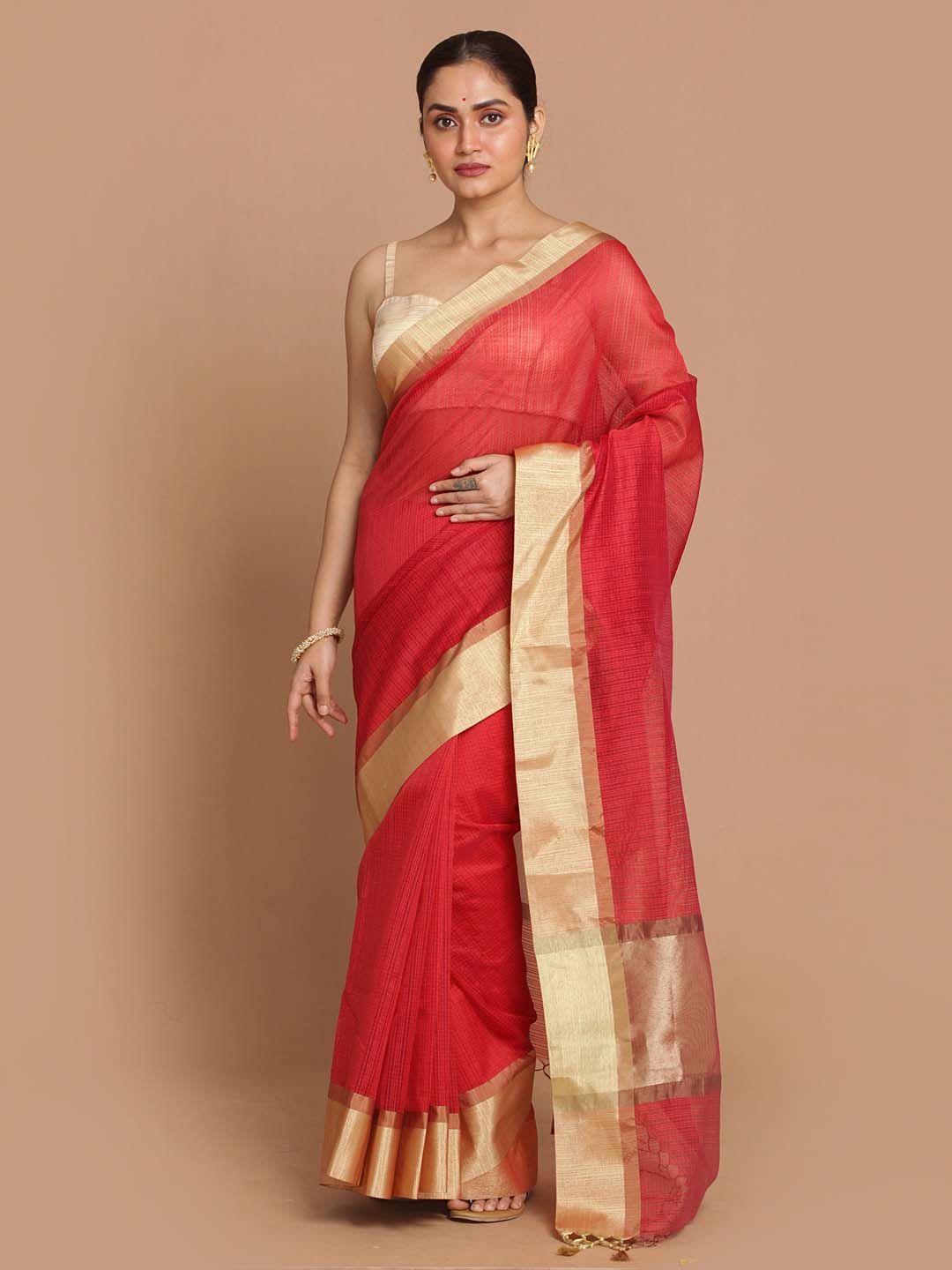 Indethnic Banarasi Red Checked Daily Wear Saree - View 1