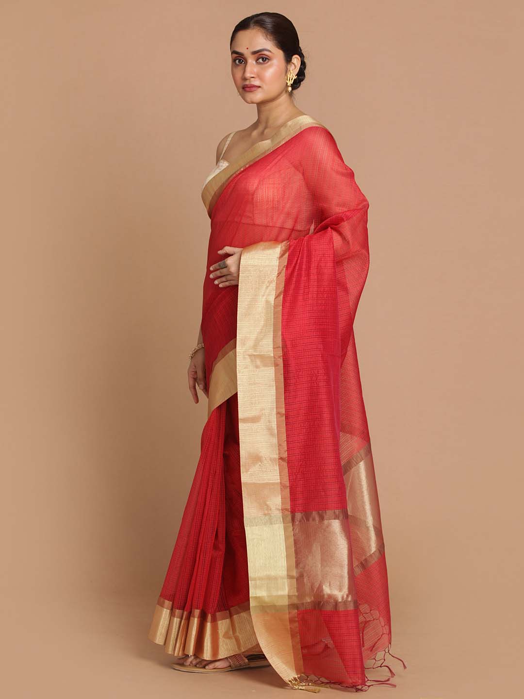 Indethnic Banarasi Red Checked Daily Wear Saree - View 2