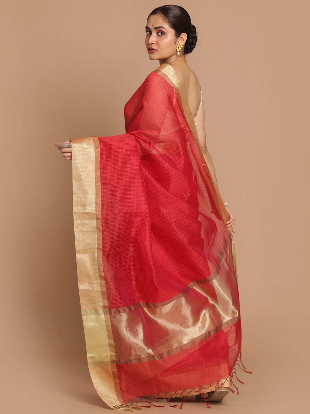 Indethnic Banarasi Red Checked Daily Wear Saree - View 3