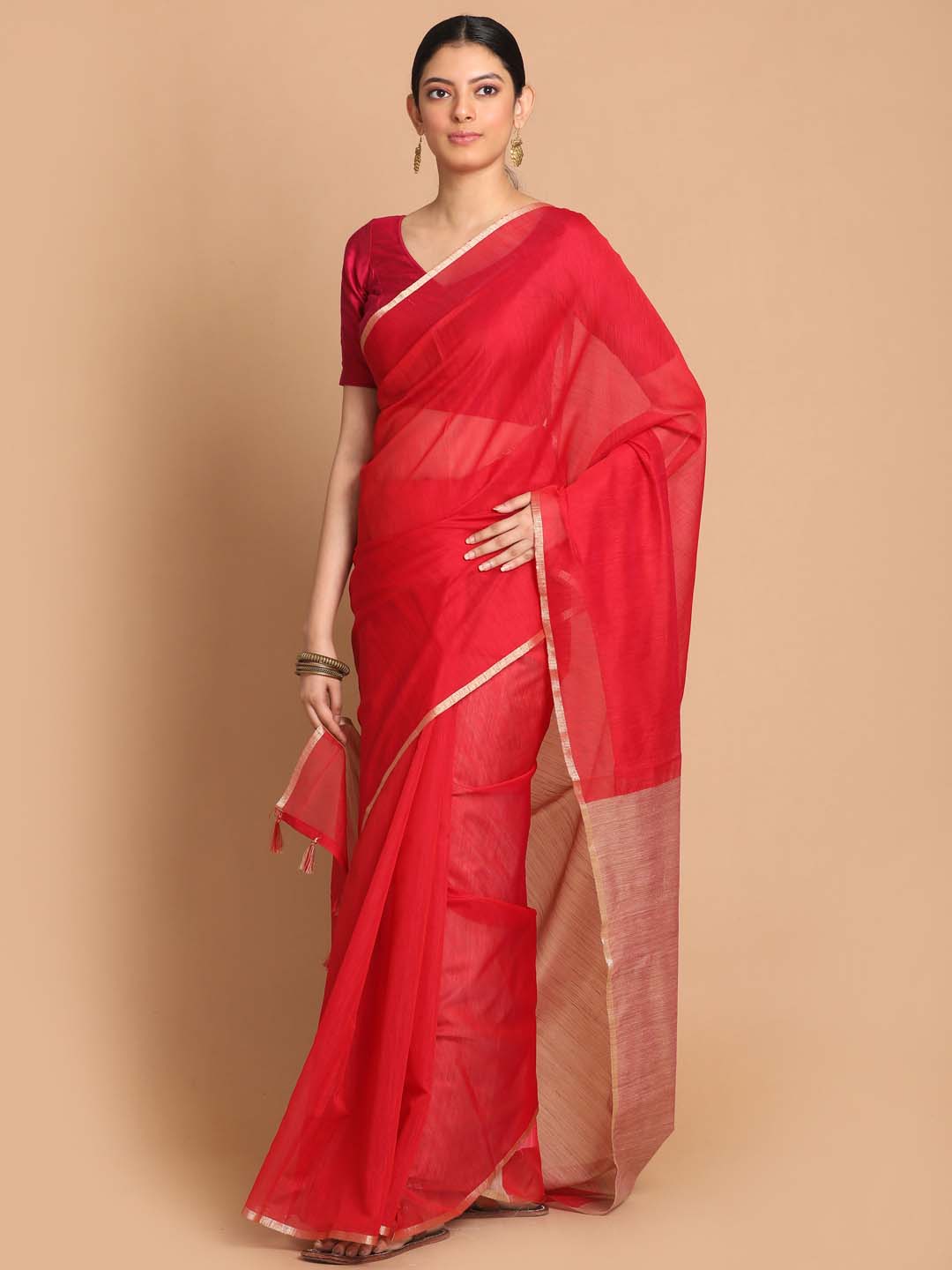 Indethnic Banarasi Red Solid Daily Wear Saree - View 1