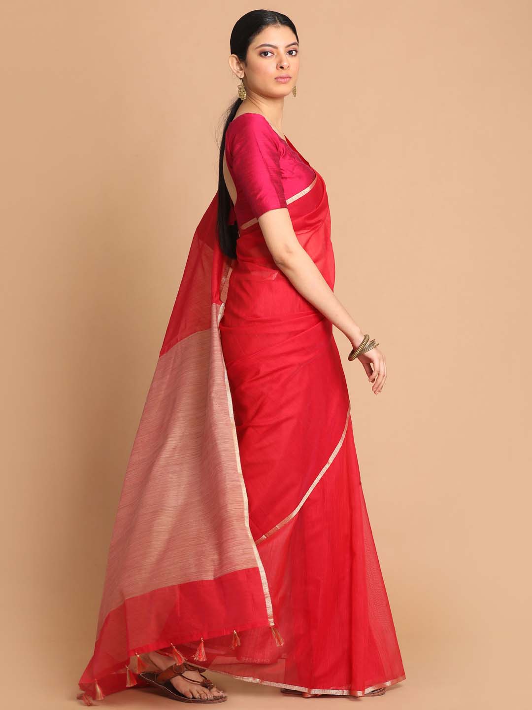 Indethnic Banarasi Red Solid Daily Wear Saree - View 2